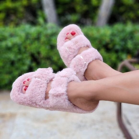 Women's Around Furry Fluffy Flat Slippers Pink Mauve Color - Picture 1 of 4